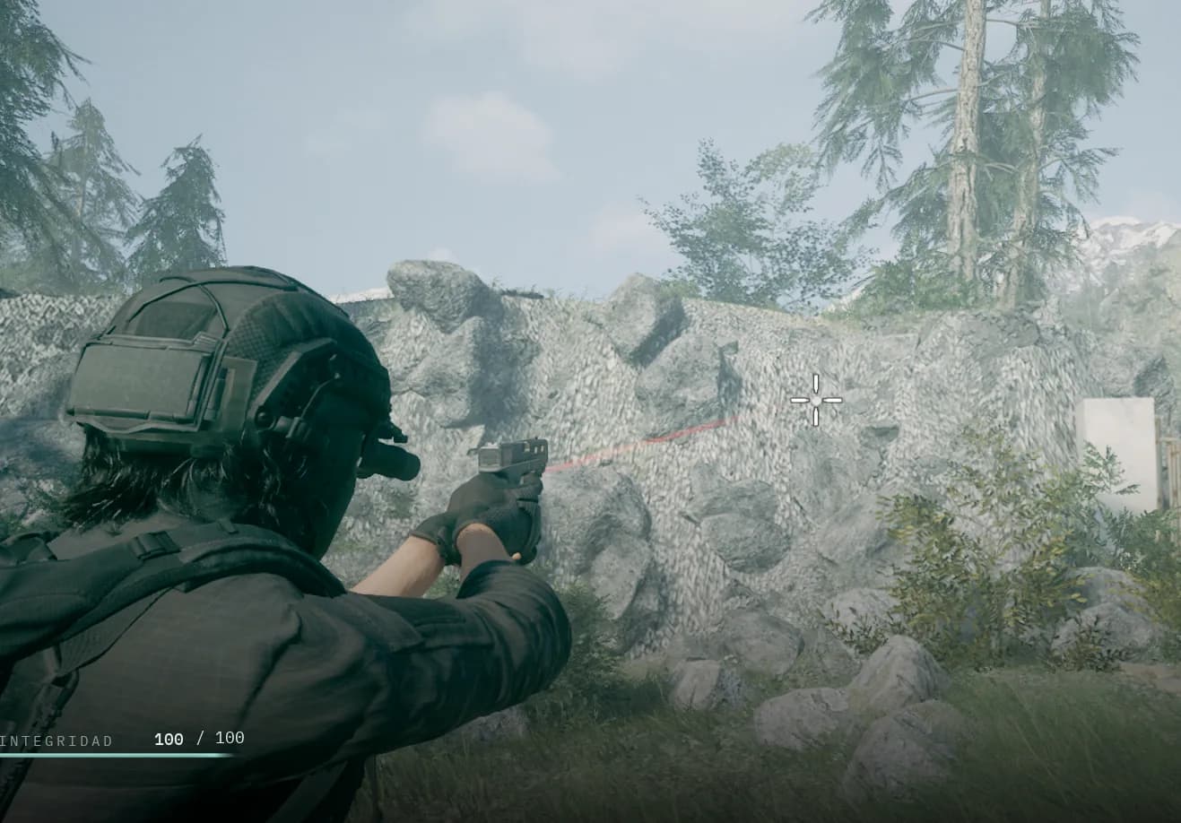 Captura del desarrollo: apuntando por encima del hombro hacia una ladera de roca