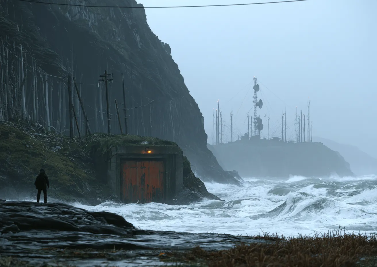 Dirección visual: acceso de hormigón con puerta roja en un acantilado, frente a un mar embravecido