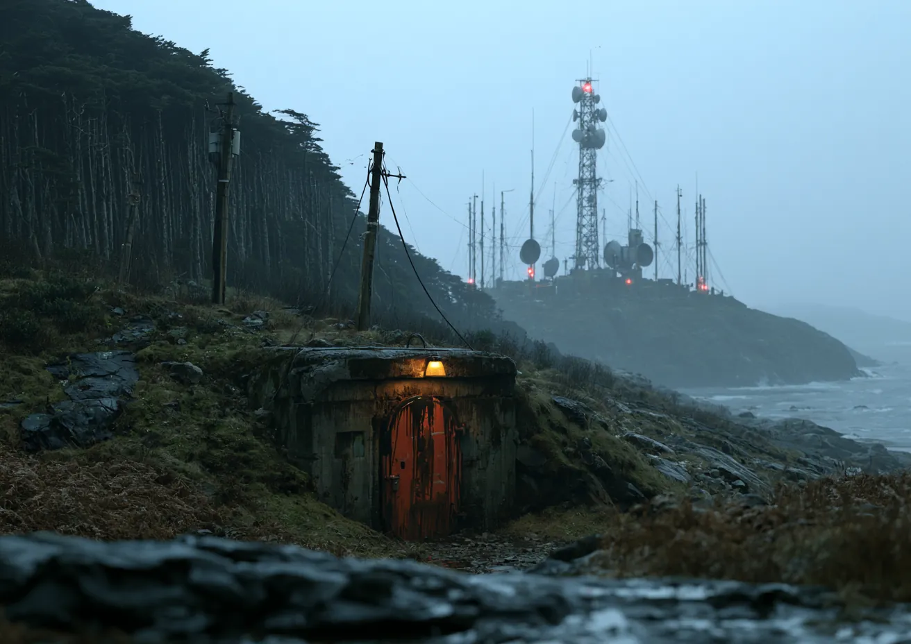 Dirección visual: refugio enterrado en una ladera costera, con una estación de antenas al fondo